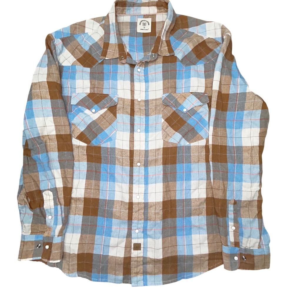 Dubinik Mens 3XL Western Flannel Shirt Blue Brown Plaid Pearl Snap Cotton Blend